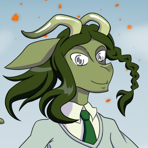 Digital furry art: a green anthropomorphic goat with a side braid in its mane smiles at the viewer.