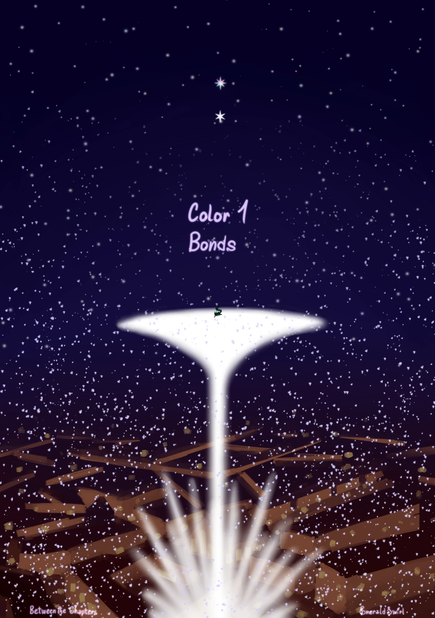 Digital furry art. A night shot of a city from high above, stars shining in the sky, snow falling down. A giant spire of light is shooting up, ending in a circular white plane with a small indistinct figure on it. Two stars, one above the other, are larger and brighter than all the others.
TEXT TRANSCRIPT: Color 1 / Bonds // Between the Chapters / EmeraldSwirl.