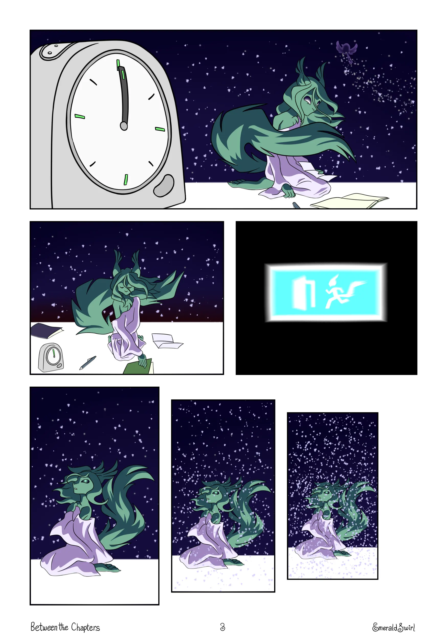 Holding the letter in their hand, the squirrel on the white plane looks at the alarm clock with a single hand, which has just reached the top point. They close the notebook that they were just writing in. Somewhere close an exit sign lights up. The squirrel turns to face the viewer, their mirror eyes lit up by the exit sign, and a gust of wind brings in even more snow, gradually hiding them from view.