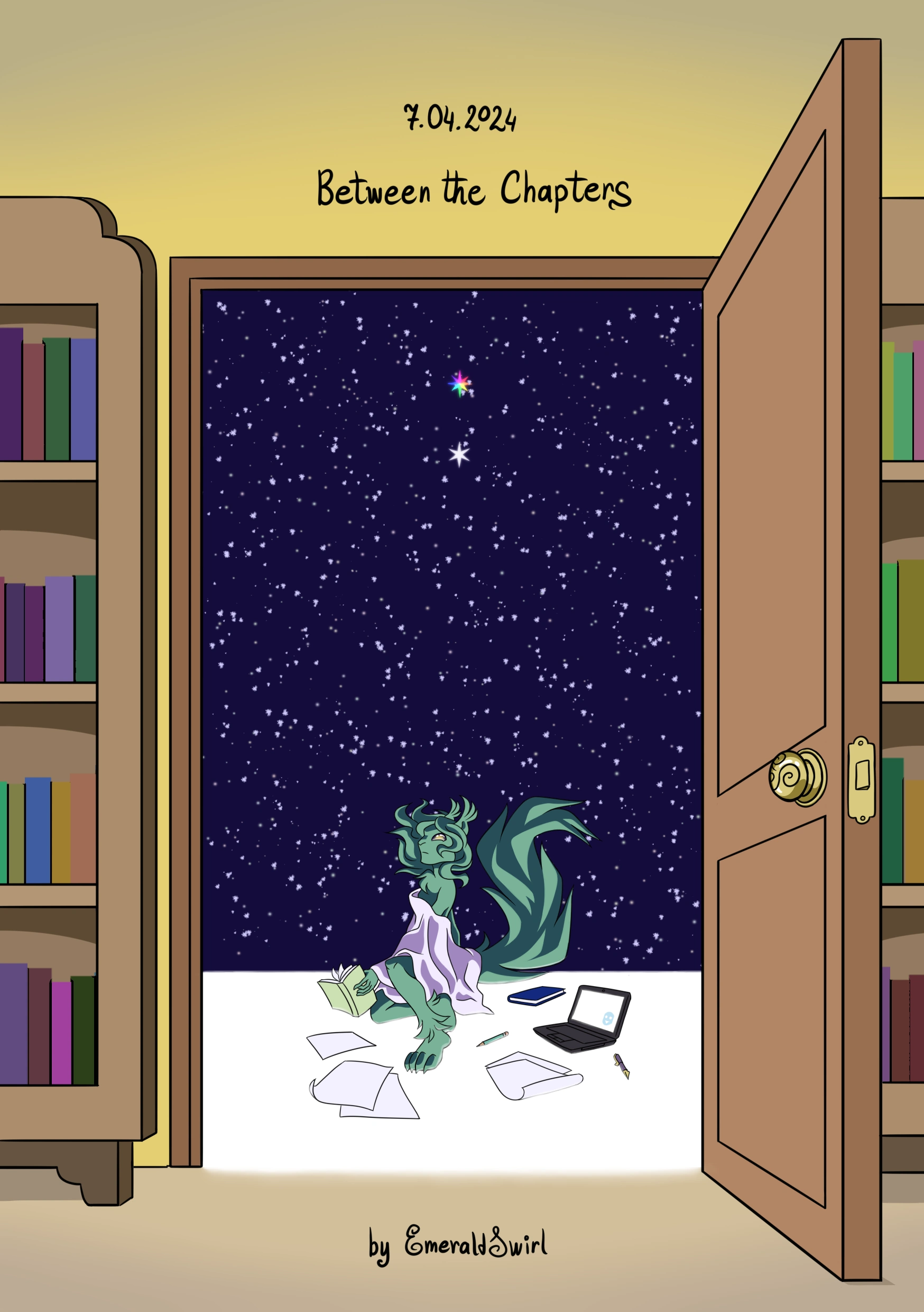 Digital furry art. A door is open between two bookshelves; behind it, there is a glowing white plane against a dark snowy sky. On the plane a green anthropomorphic squirrel sits, draped in a blanket and nothing else, surrounded by sheets of paper, books and a laptop. Two large stars shine prominently in the sky: the lower one light blue, the one further up multicolored. TEXT TRANSCRIPT: 7.04.2024 / Between the Chapters / by EmeraldSwirl
