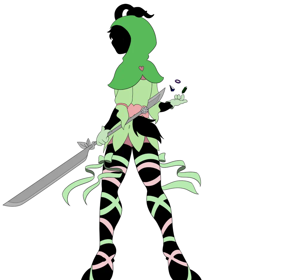 A magical girl with goat horns, her body, except the outfit, rendered as a silhouette, stands with her back to the viewer. In her left hand she holds an oversized scalpel, in the right — several floating abstract shapes of various colors.