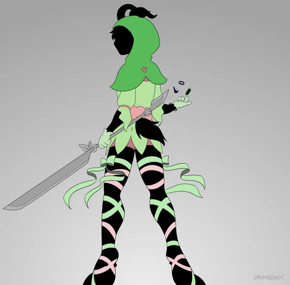 A magical girl with goat horns, her body, except the outfit, rendered as a silhouette, stands with her back to the viewer. In her left hand she holds an oversized scalpel, in the right — several floating abstract shapes of various colors.