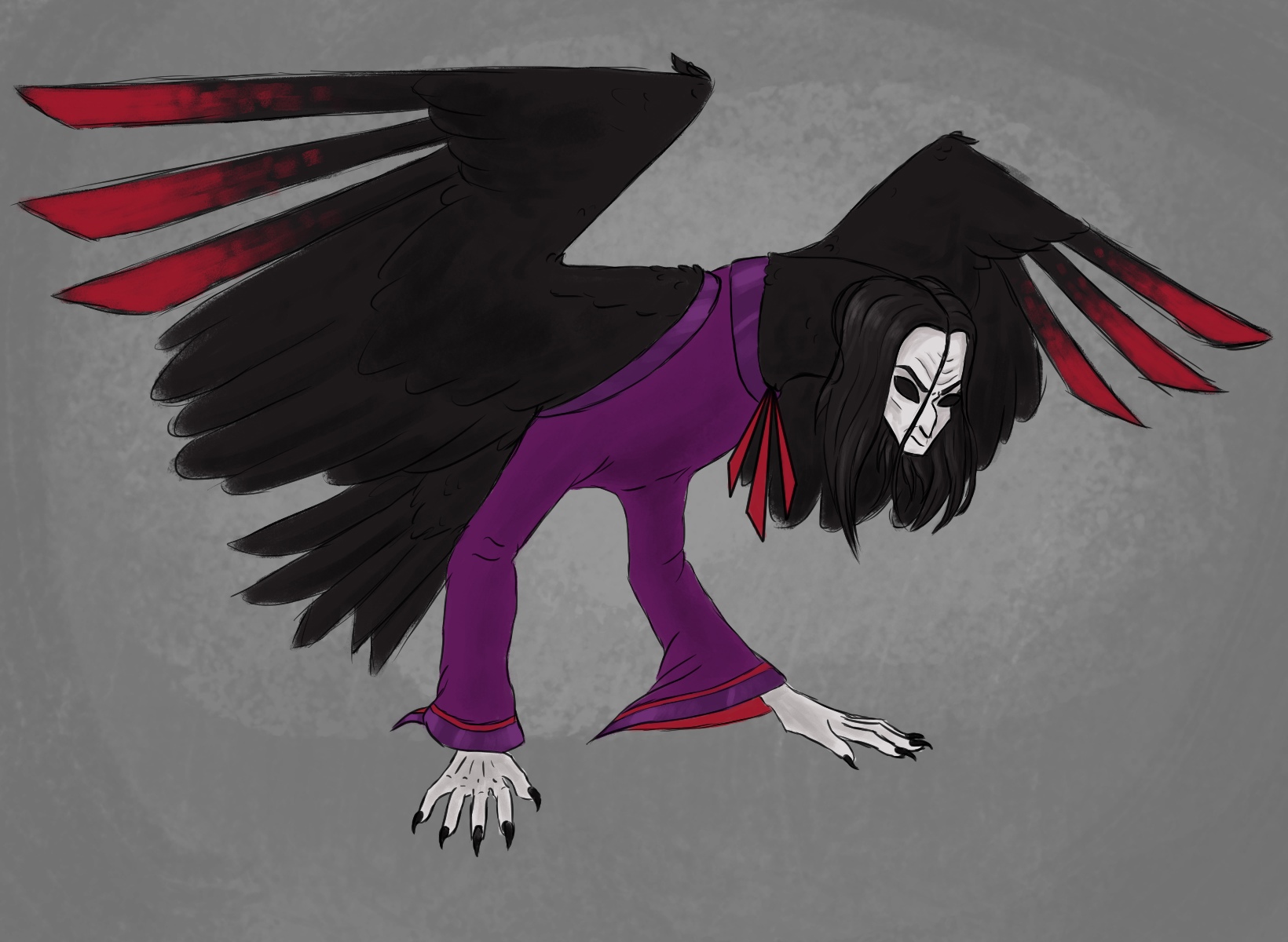 Master Raven, a big corvid-shaped creature with the body of a raven, human hands for feet and the head of an thin old man with all-black eyes and long black hair, in a purple coat
